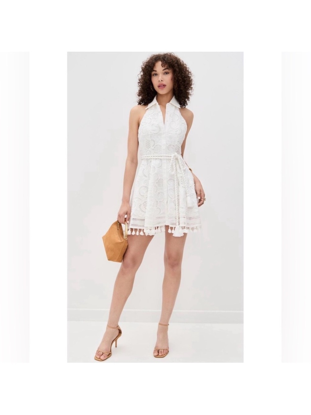 Alice + Olivia White Lace Halter Mini Dress with Tassel Trim
